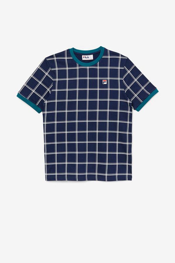 Camisetas Fila Homem Azul Marinho/Branco - Fila Slate Ringer Checkered Portugal Online,FOQC-24793